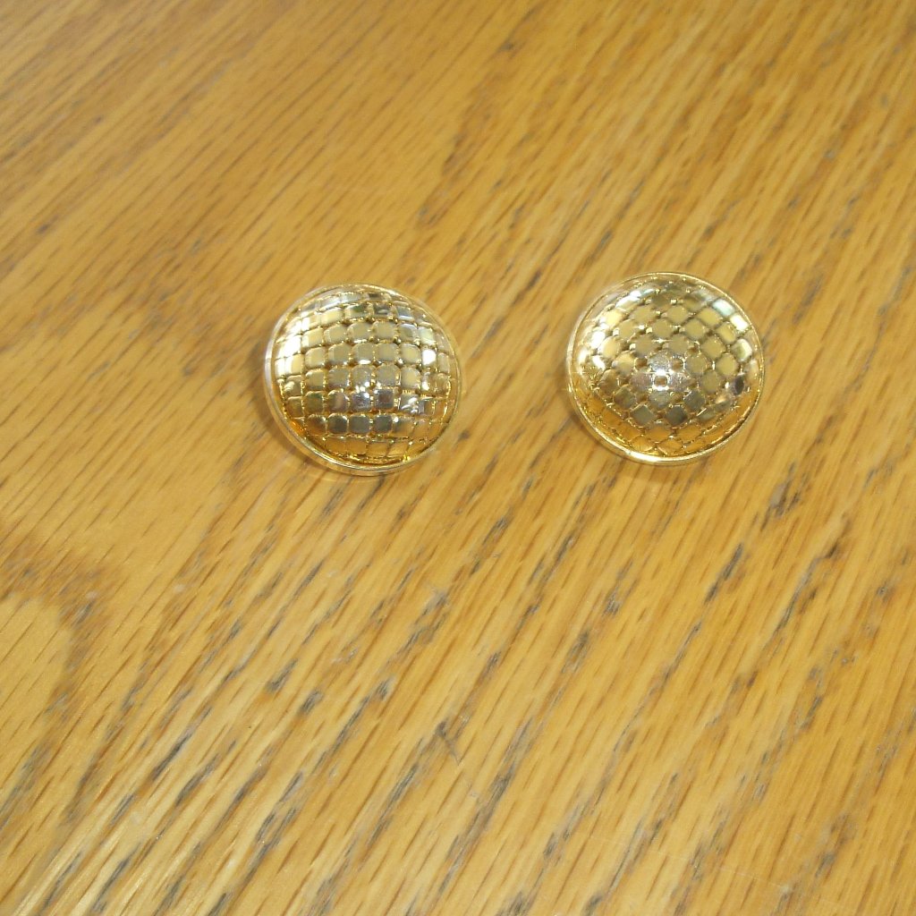 Clip Earrings Gold Tone Metal Mesh Circles Domes